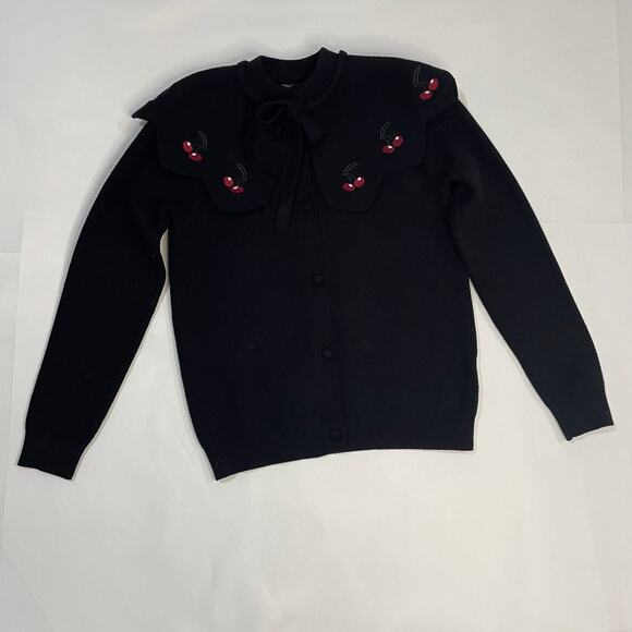 Fraze Black Cape Detailed Shoulder Sweater Cherries Tie Vintage Inspired Size 12 - Picture 7 of 16